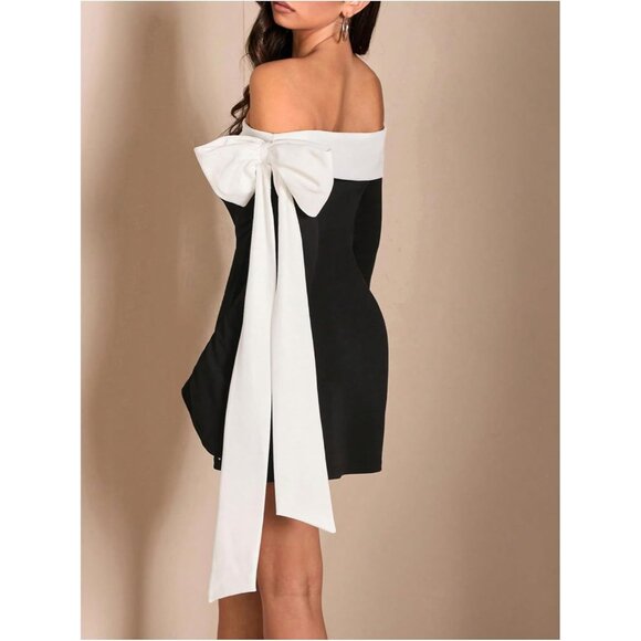 Women's Off Shoulder Mini Dress Polyester Elastane Bell Sleeve Cocktail Party - Picture 2 of 6